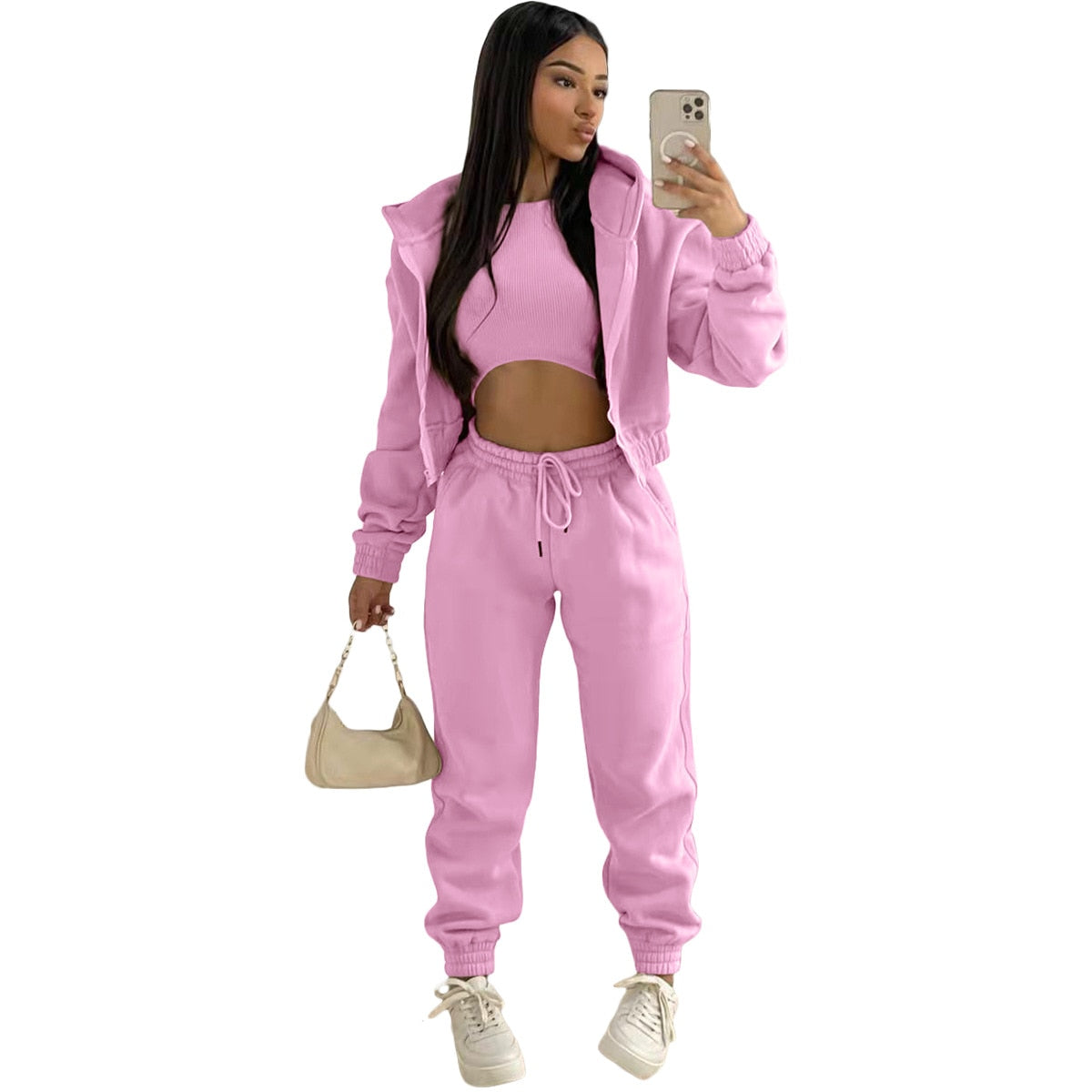 3 pieceLong Sleeve Zip Hoodies+Ribbed Tank+High Waist Three Pieces Outfit