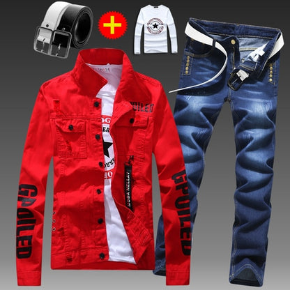 Men Slim Fit Denim Jacket Pants 2pcs Set