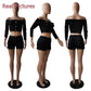 Two Piece Set Women Off Shoulder Buttons Crop Top Shorts 2 Piece Set