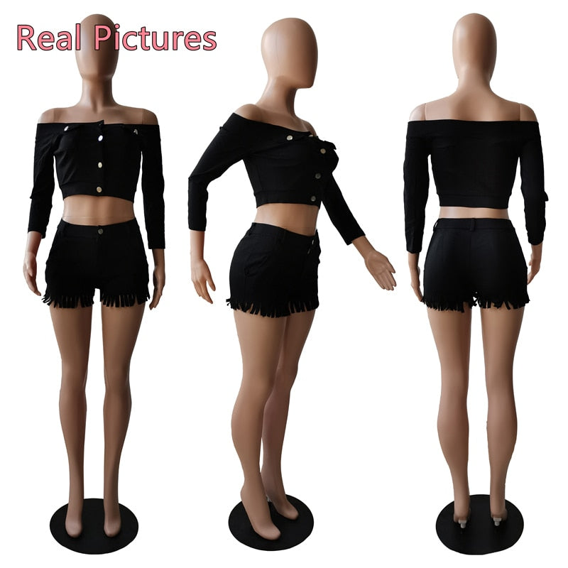 Two Piece Set Women Off Shoulder Buttons Crop Top Shorts 2 Piece Set