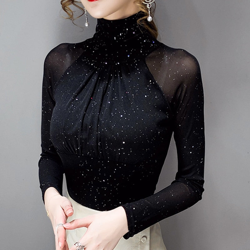 High neck Sexy Black Casual Bright silk Lady shirt