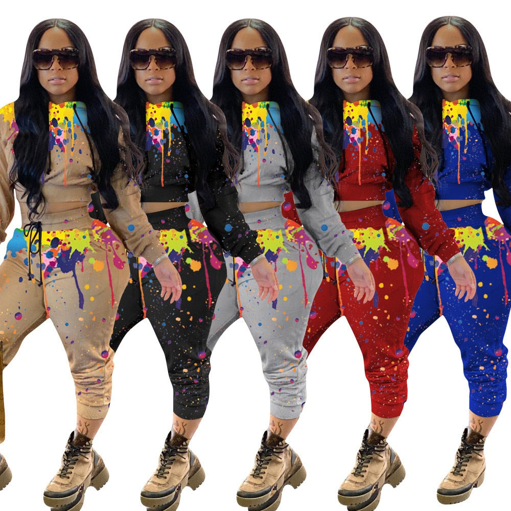 Splash-ink Print Sweat Suits Women Set Hoodies Sweatshirt and Sweatpants Set