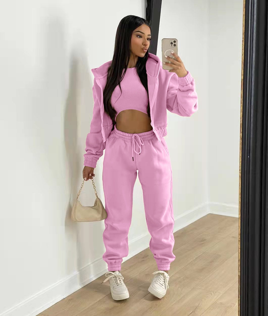 3 pieceLong Sleeve Zip Hoodies+Ribbed Tank+High Waist Three Pieces Outfit