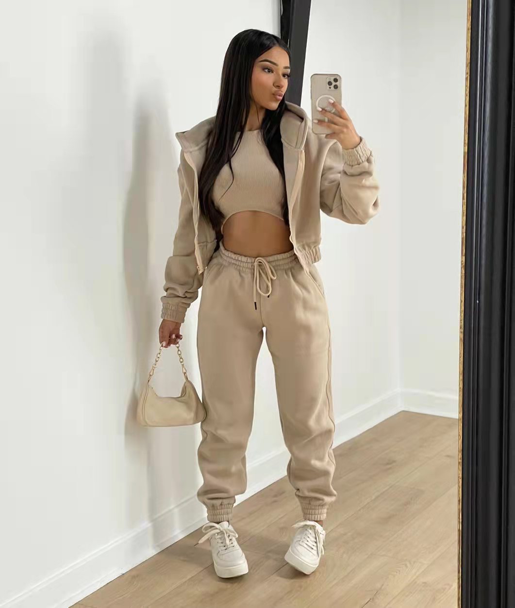 3 pieceLong Sleeve Zip Hoodies+Ribbed Tank+High Waist Three Pieces Outfit