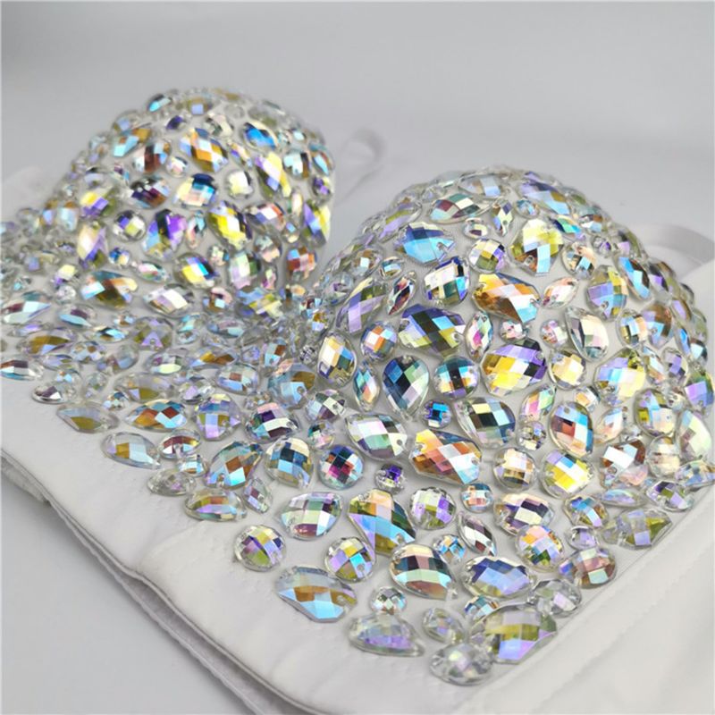 Colored Rhinestone Bustier Crop Top Spaghetti Strap Push Up Corset Vest