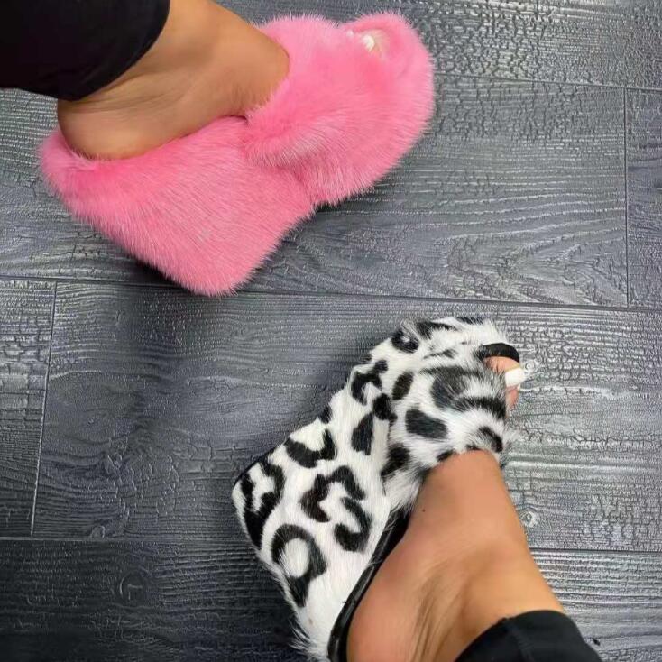 feminine high-heeled fur drag outdoor all-match shoes slippers round head wedges with mink fur ms slippers