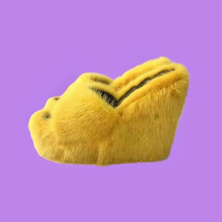 feminine high-heeled fur drag outdoor all-match shoes slippers round head wedges with mink fur ms slippers