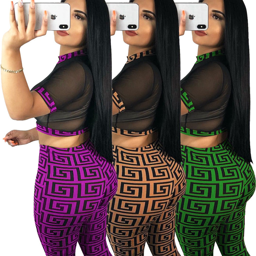 See through Sexy Two Piece Set Women Transparent Mesh Crop Top and Pencil Pants Suit