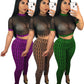 See through Sexy Two Piece Set Women Transparent Mesh Crop Top and Pencil Pants Suit