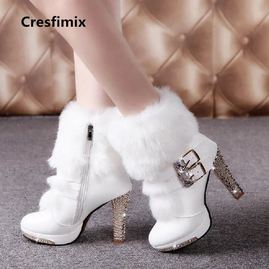 Cresfimix women cute sweet high quality white pu leather high heel boots lady casual autumn &amp; winter warm boots cool shoes a2849