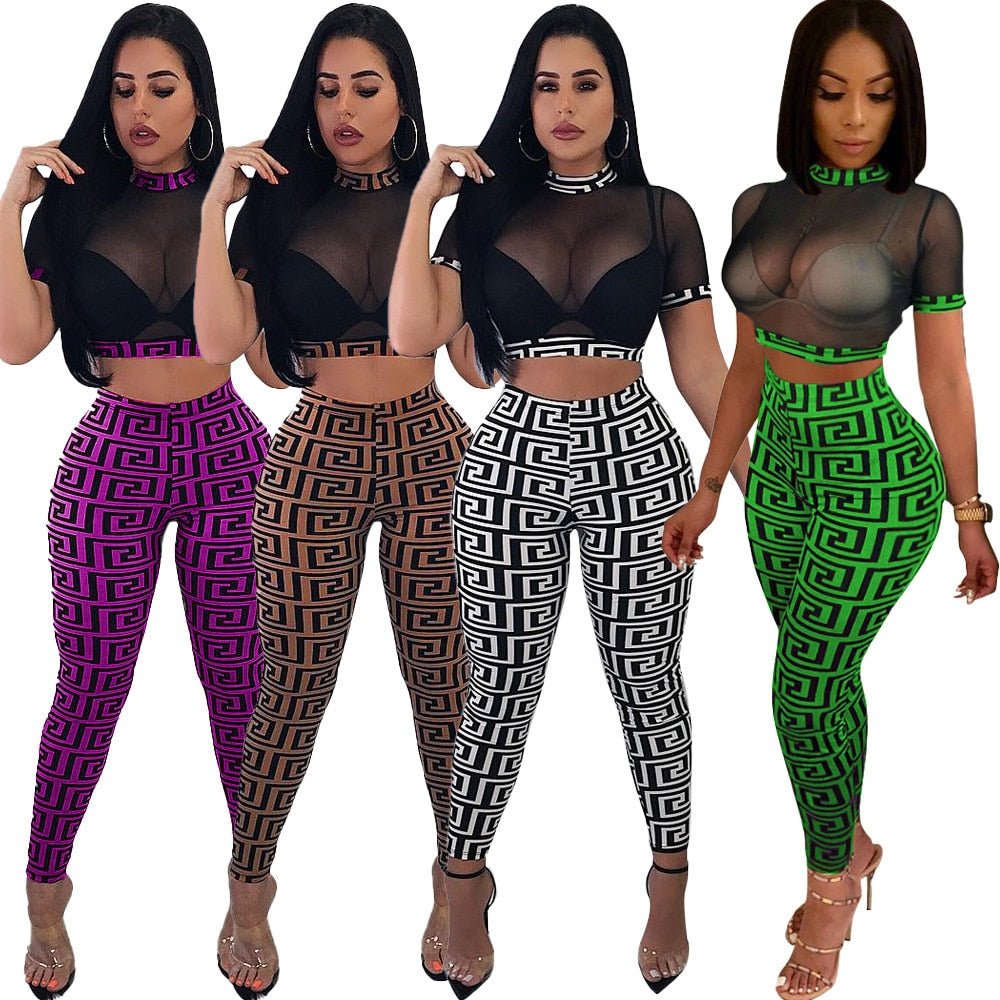 See through Sexy Two Piece Set Women Transparent Mesh Crop Top and Pencil Pants Suit