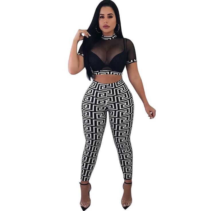See through Sexy Two Piece Set Women Transparent Mesh Crop Top and Pencil Pants Suit