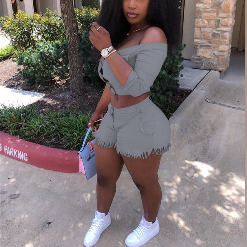 Two Piece Set Women Off Shoulder Buttons Crop Top Shorts 2 Piece Set