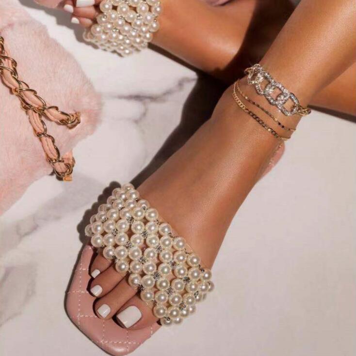 pearl rhinestone women&#39;s all-match casual slippers fashion solid color flat shoes sandals
