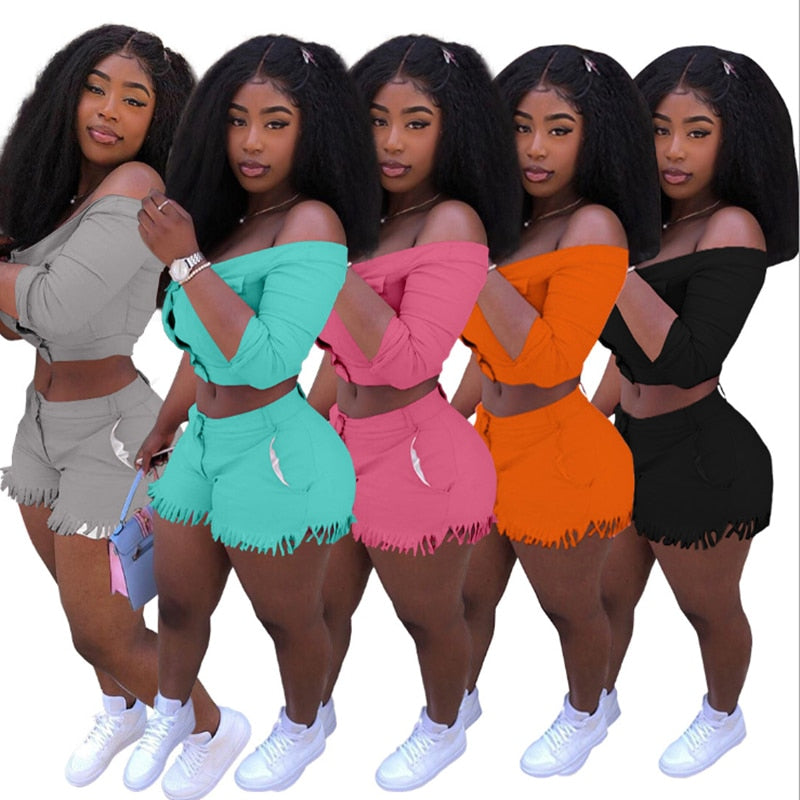 Two Piece Set Women Off Shoulder Buttons Crop Top Shorts 2 Piece Set