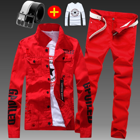 Men Slim Fit Denim Jacket Pants 2pcs Set