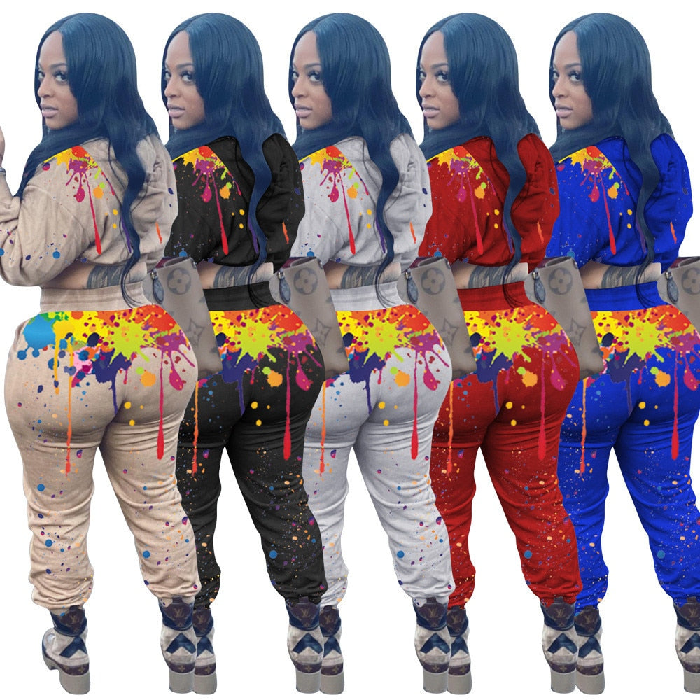 Splash-ink Print Sweat Suits Women Set Hoodies Sweatshirt and Sweatpants Set