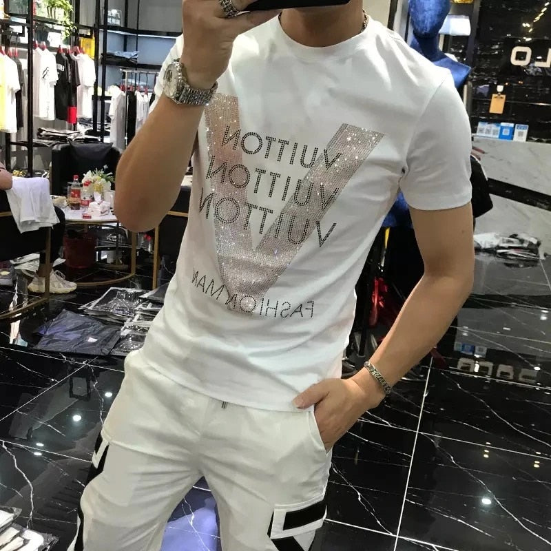 Men vlone Quality Mercerized Cotton V-shaped Pattern Rhinestone 20201 New Street Fashion Style Short-sleeve Male Top Clothes