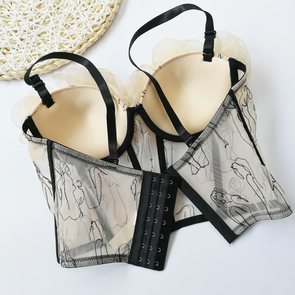 Tank Top Sweet Flowers Crop Top Mesh Embroidery Corset Women Elegant Party Bustier Streetwear Festive Clothing