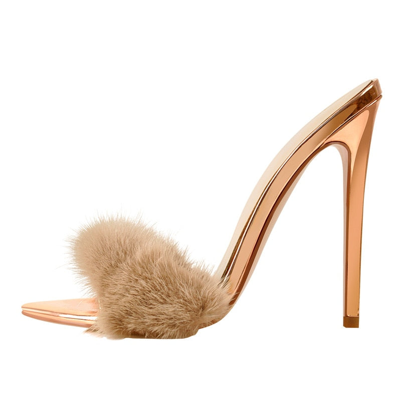Peep Toe Mules Artificial Fur Slip OnWomen Brand HEELS
