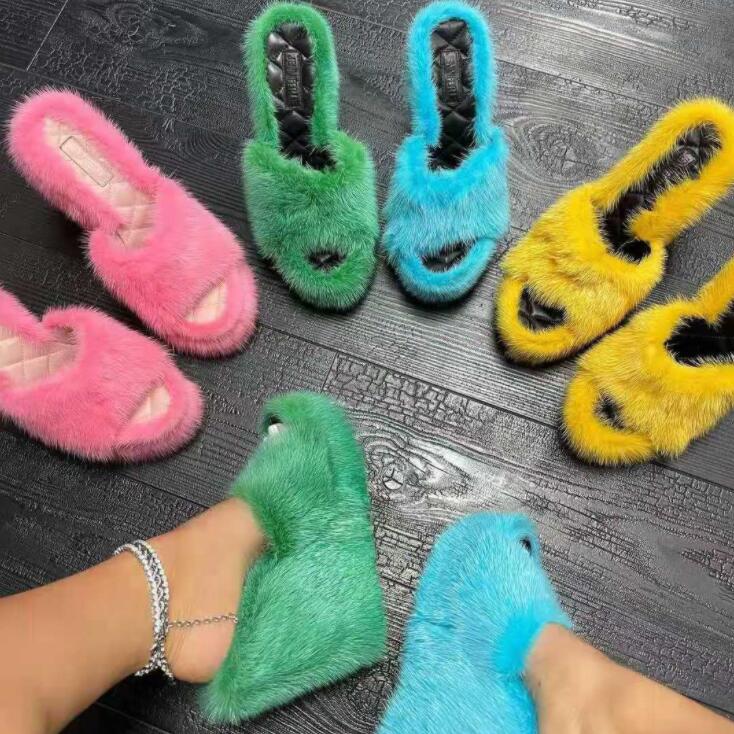 feminine high-heeled fur drag outdoor all-match shoes slippers round head wedges with mink fur ms slippers