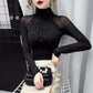 High neck Sexy Black Casual Bright silk Lady shirt