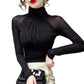 High neck Sexy Black Casual Bright silk Lady shirt