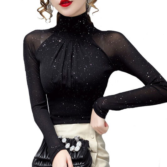 High neck Sexy Black Casual Bright silk Lady shirt