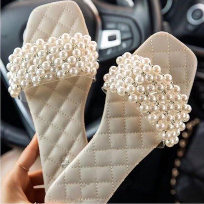 pearl rhinestone women&#39;s all-match casual slippers fashion solid color flat shoes sandals