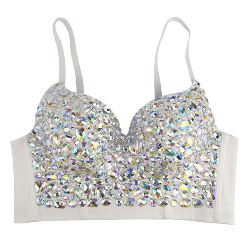 Colored Rhinestone Bustier Crop Top Spaghetti Strap Push Up Corset Vest