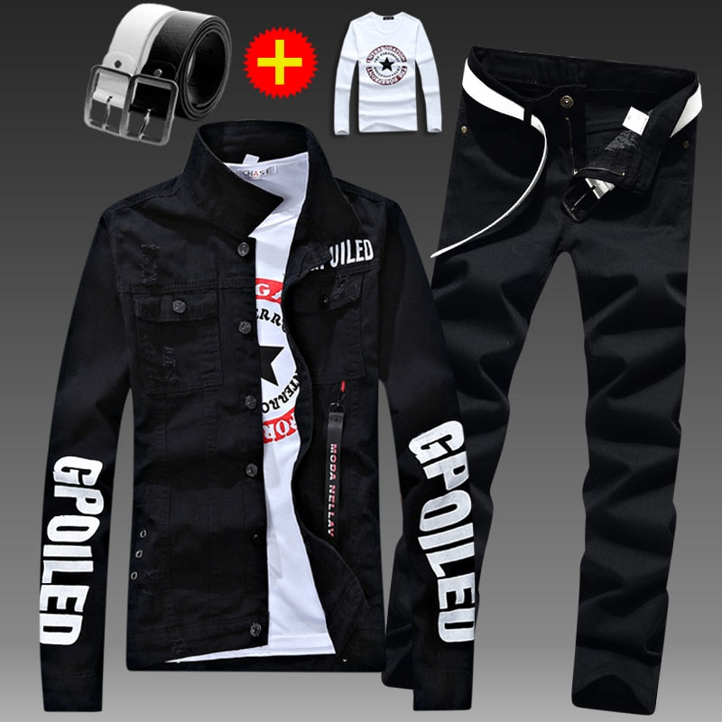 Men Slim Fit Denim Jacket Pants 2pcs Set