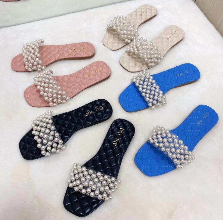 pearl rhinestone women&#39;s all-match casual slippers fashion solid color flat shoes sandals