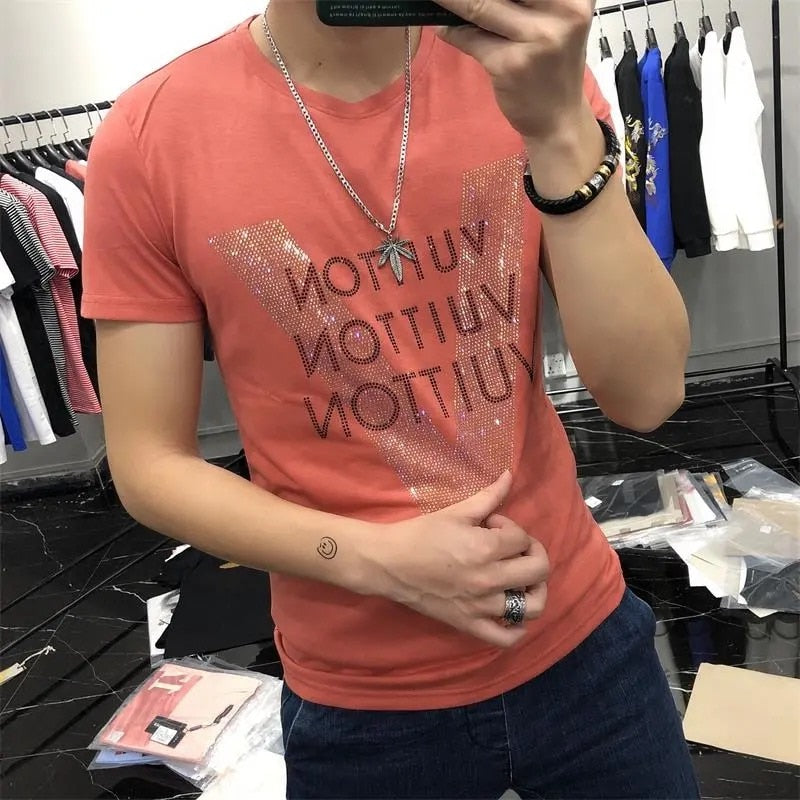 Men vlone Quality Mercerized Cotton V-shaped Pattern Rhinestone 20201 New Street Fashion Style Short-sleeve Male Top Clothes