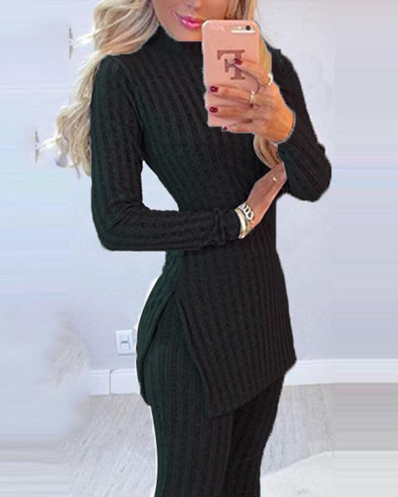 Knitted 2 Piece Suits Women Long Sleeve Set Fashion Outfit