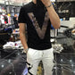 Men vlone Quality Mercerized Cotton V-shaped Pattern Rhinestone 20201 New Street Fashion Style Short-sleeve Male Top Clothes