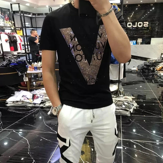 Men vlone Quality Mercerized Cotton V-shaped Pattern Rhinestone 20201 New Street Fashion Style Short-sleeve Male Top Clothes
