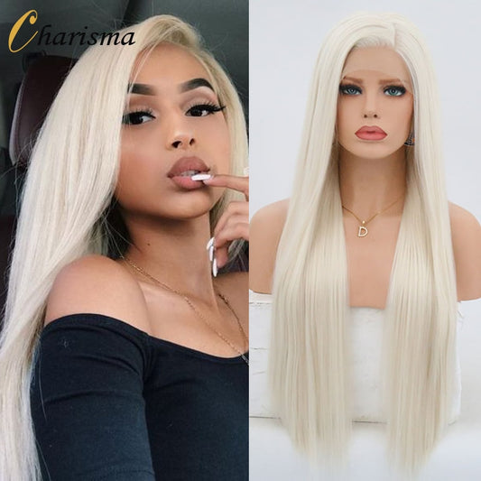 FROST HUMAN HAIR COLLECTION Charisma Blonde Wig Synthetic Lace Front Wig for Women Long Silky Straight Hair Natural Hairline Side Part Cosplay Wigs