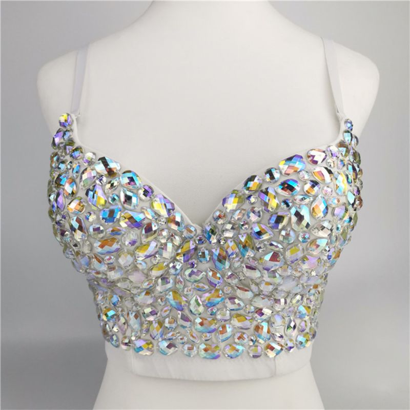 Colored Rhinestone Bustier Crop Top Spaghetti Strap Push Up Corset Vest