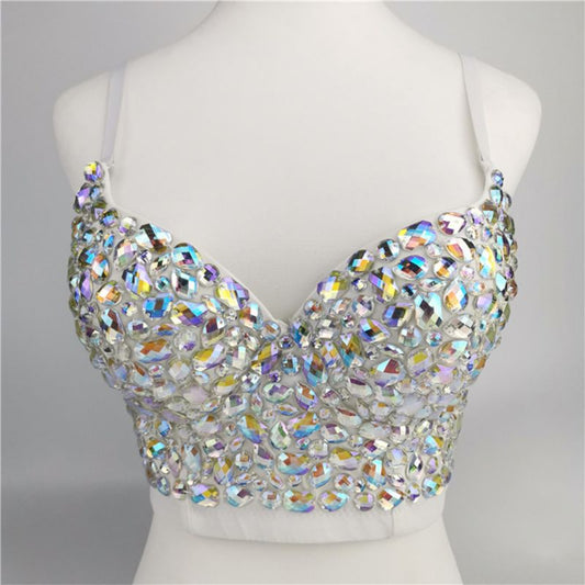 Colored Rhinestone Bustier Crop Top Spaghetti Strap Push Up Corset Vest