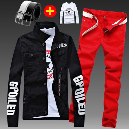 Men Slim Fit Denim Jacket Pants 2pcs Set
