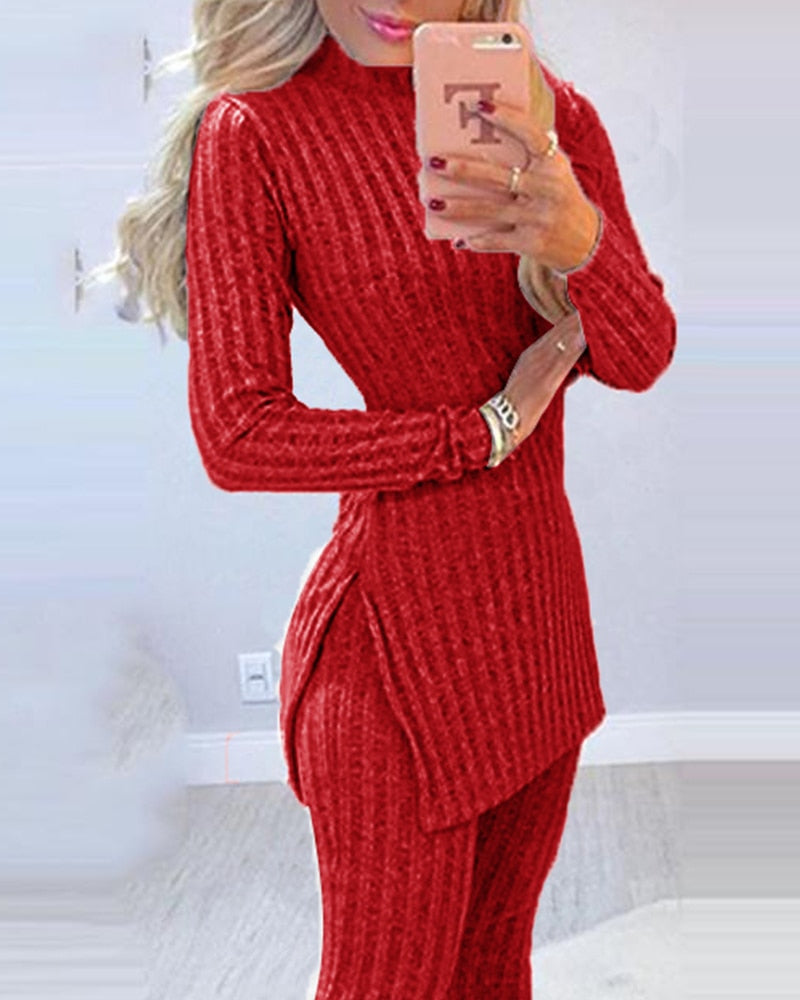 Knitted 2 Piece Suits Women Long Sleeve Set Fashion Outfit