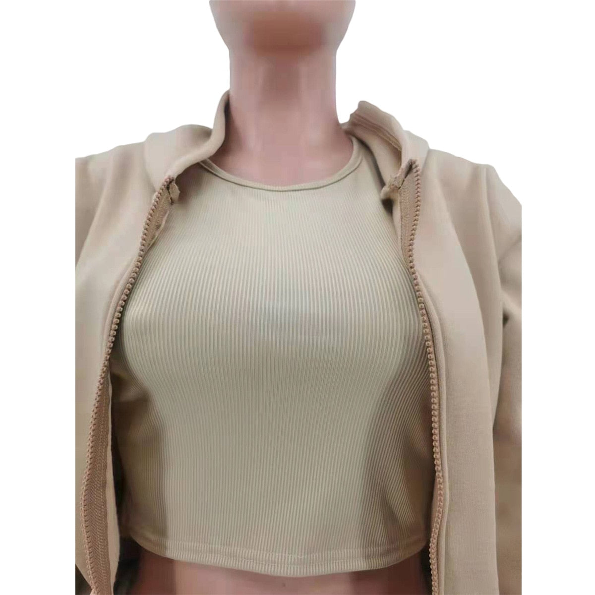 3 pieceLong Sleeve Zip Hoodies+Ribbed Tank+High Waist Three Pieces Outfit