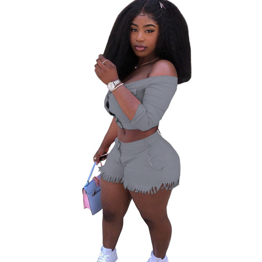 Two Piece Set Women Off Shoulder Buttons Crop Top Shorts 2 Piece Set