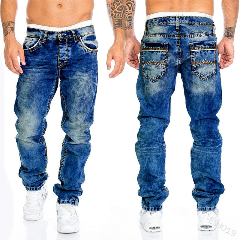 Men Pants Washed Stretch Straight Jeans