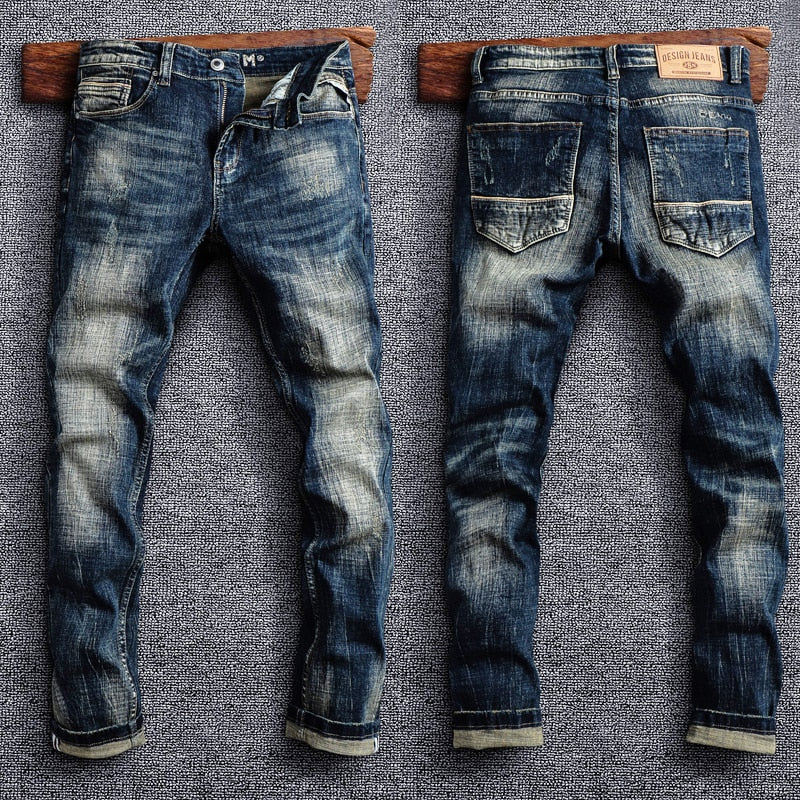 Italian Men Jeans Retro Elastic Slim Fit Ripped Jeans