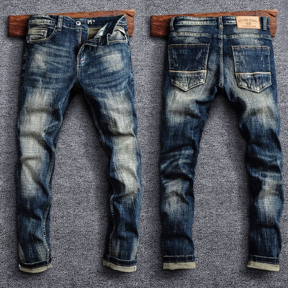 Italian Men Jeans Retro Elastic Slim Fit Ripped Jeans