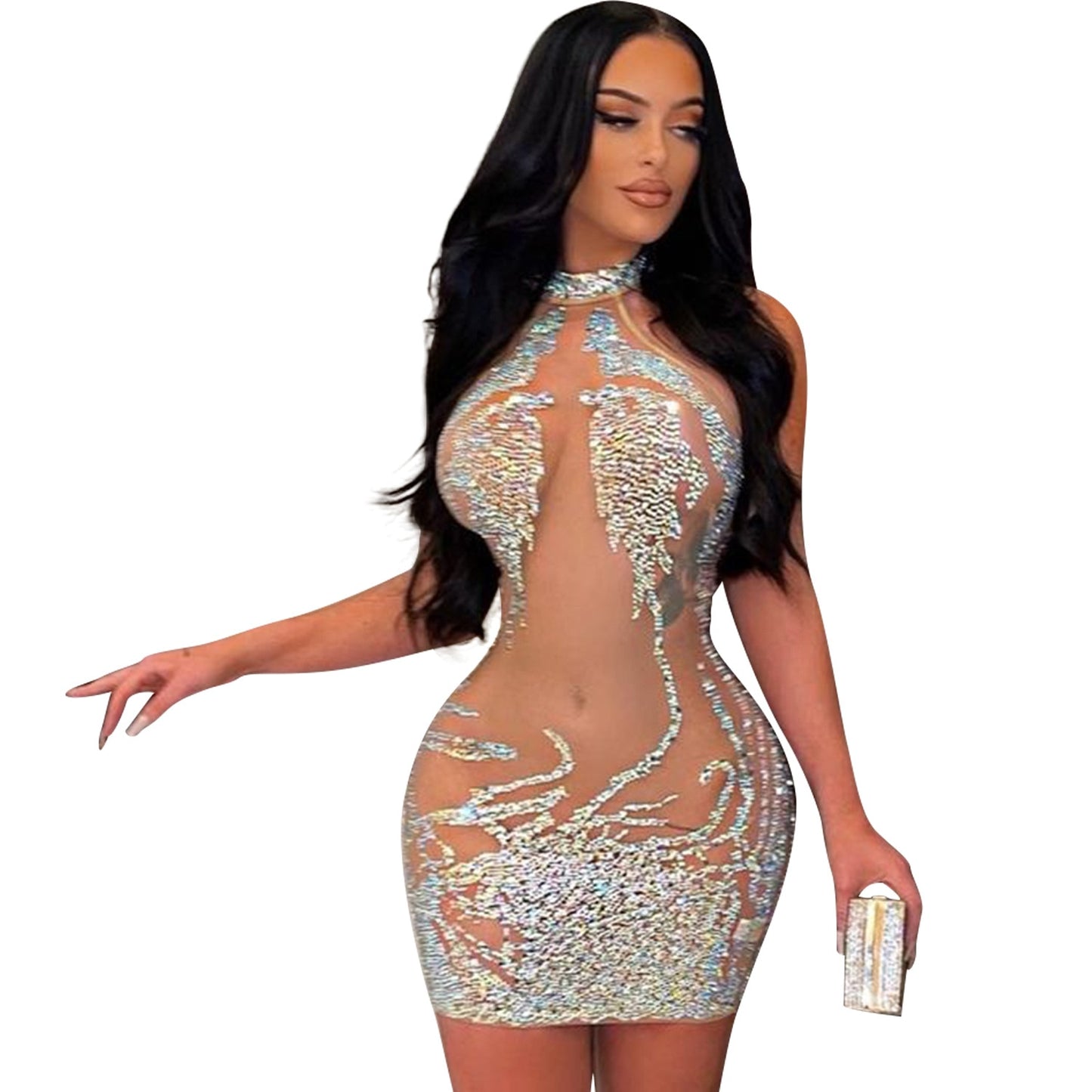 Mesh Rhinestone Short Prom Evening Mini Dress