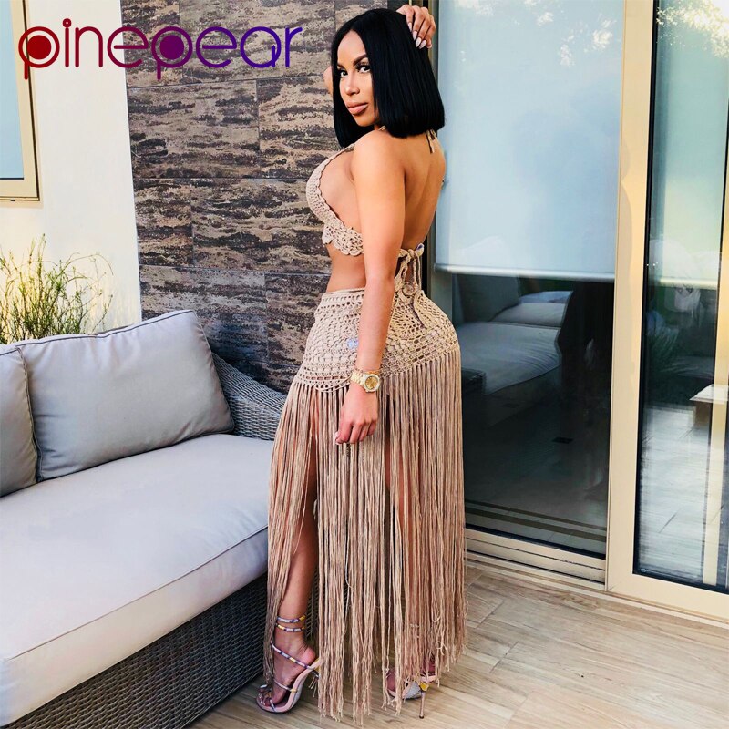 PinePear Sexy Crochet Tassel Two Piece Skirt Set