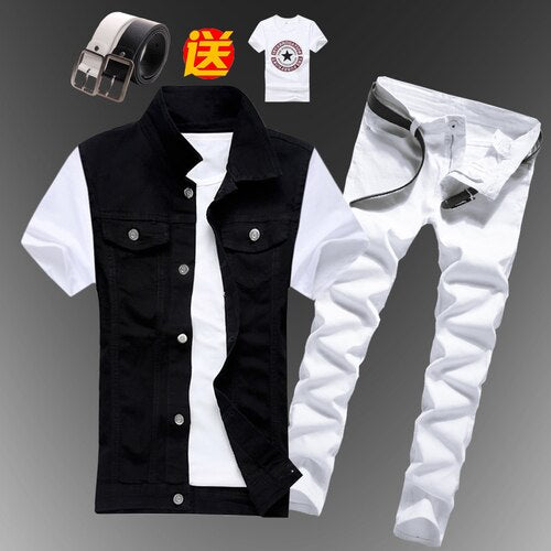 Mens  Casual Denim Vest Jeans Pants Slim Fit Two Piece Set