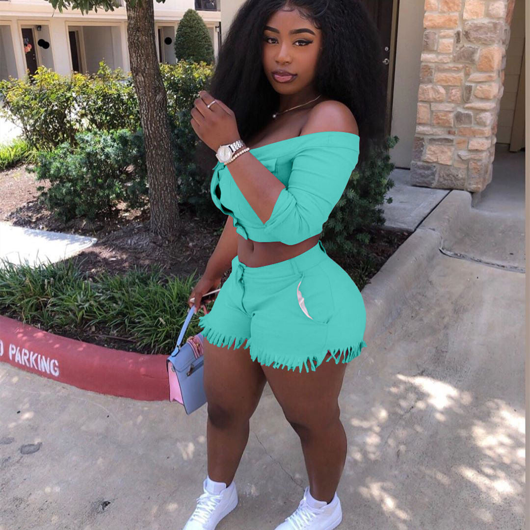 Two Piece Set Women Off Shoulder Buttons Crop Top Shorts 2 Piece Set